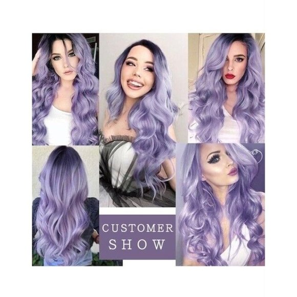 Women Long Wavy Synthetic Wig Light Purple Side Part Heat Resistant Full Wig Cos - Picture 5 of 8